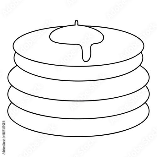 A stack of pancakes is drizzled with syrup.