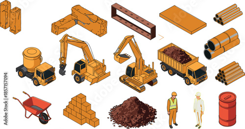 Isometric Construction Site Vector Set with Excavators, Dump Truck, Concrete Mixer, Building Materials, Pipes, Workers, and Industrial Heavy Machinery Equipment