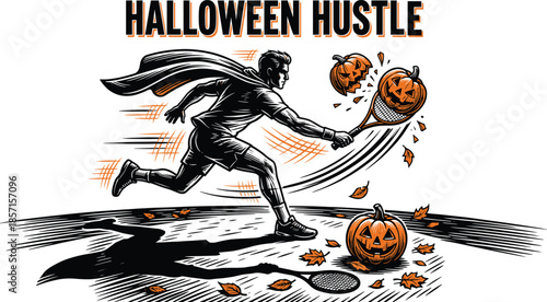 Halloween hustle illustration with man smashing pumpkins, dynamic autumn action scene, spooky motivation concept, festive orange black artwork design