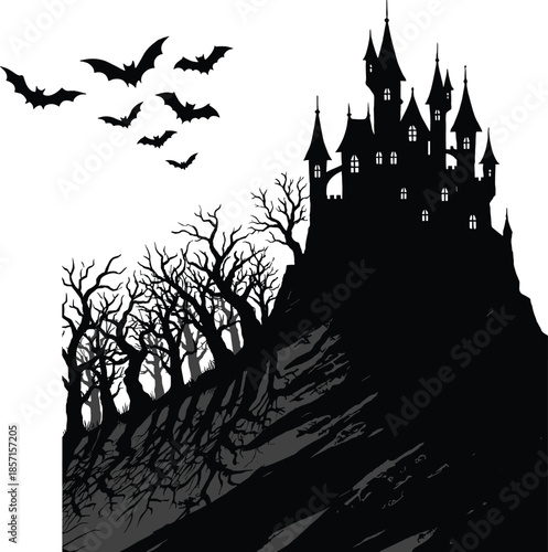 Haunted castle silhouette on dark hill with bats and dead trees, spooky gothic halloween horror illustration for background and design