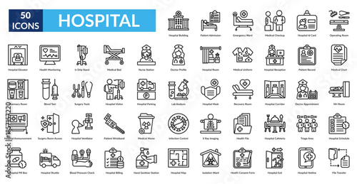 Hospital Line Icon Set. Hospital Building, Patient Admission, Emergency Ward, Medical Checkup, Id Card, Operating Room, Medical Chart