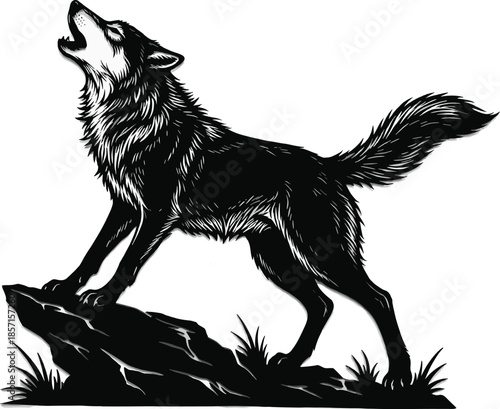 Howling wolf silhouette illustration on rock, wild animal wildlife symbol, nature predator artwork for logo, tattoo, and halloween design