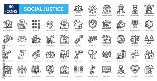 Social Justice Line Icon Set. Equal Rights, Justice For All, Community Fairness, Social Equality, Human Dignity, Equal Opportunity, Inclusive Society
