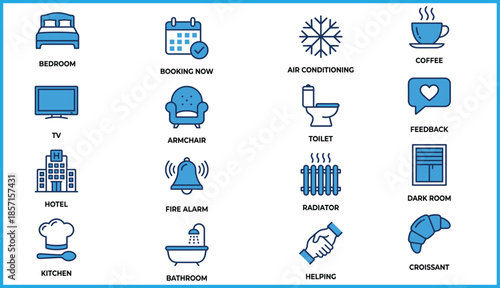 Set of 16 black line icons for hotel amenities, guest services, and hospitality features, ideal for vector illustration content