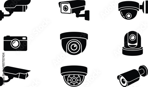 Security camera silhouette icon set including CCTV surveillance dome bullet and digital camera symbols for safety monitoring design