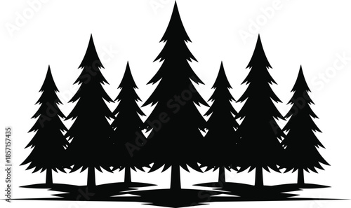 Pine forest silhouette illustration, evergreen trees woodland landscape, black nature background design, outdoor wilderness scenery graphic artwork