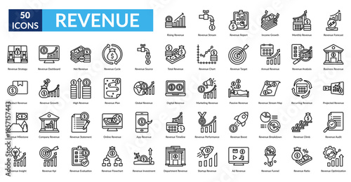 Revenue Line Icon Set. Rising ,  Stream,  Report, Income Growth, Monthly ,  Forecast, Business 