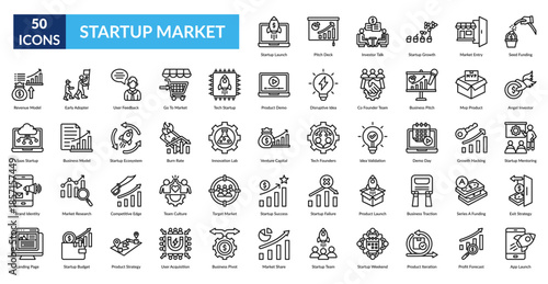 Startup Market Line Icon Set. Startup Launch, Pitch Deck, Investor Talk, Startup Growth, Market Entry, Seed Funding, Angel Investor