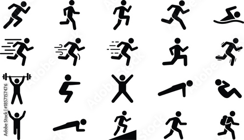 Sports and fitness activity icon set with running jumping strength exercises black silhouette vector symbols