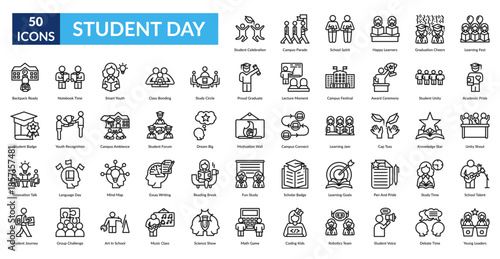 Student Day Line Icon Set. Student Celebration, Campus Parade, School Spirit, Happy Learners, Graduation Cheers, Learning Fest, Academic Pride