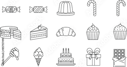 Black and white dessert vector illustration, candy cane, cake slice, cupcake, ice cream cone, chocolate bar, croissant, pudding mold, gift box, honey dipper