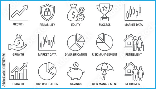 Set of 15 black line icons for finance, investment, and retirement planning concepts, ideal for vector illustration content