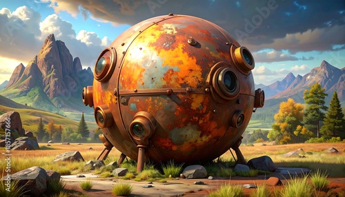 Wallpaper Mural Steampunk sphere in a vibrant natural landscape evoking a sense of retro futurism Torontodigital.ca