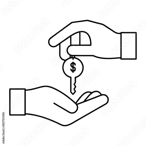 A hand passes a key with a dollar sign to another open hand.