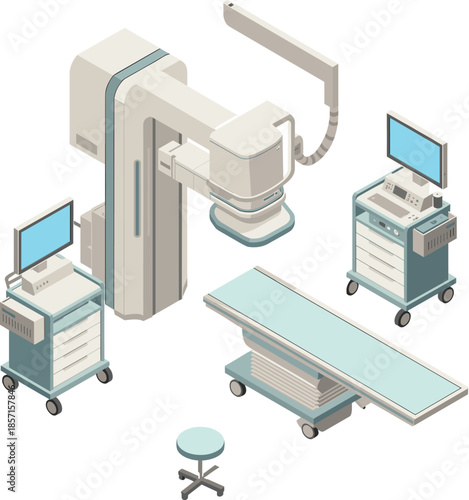 Isometric MRI Machine Vector Illustration, Hospital Radiology Equipment with Scanning Bed, Medical Control Monitors, Operating Room Diagnostic Tools, and Furniture