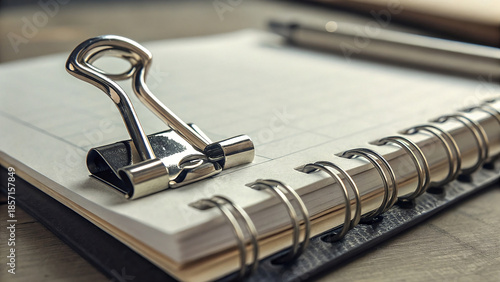 Closeup of a metal binder clip holding together a spiralbound notebook with a pen resting in the background