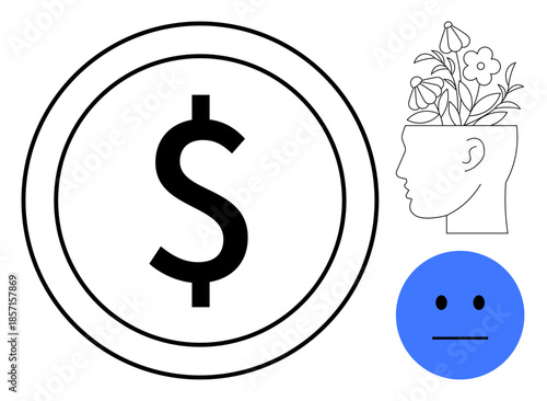 Large dollar coin, side profile of head with growing flowers symbolizing growth, and neutral face. Ideal for finance, mental health, personal development, emotional well-being, mindfulness