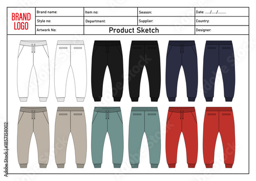 Multicolor sweatpants technical drawing vector illustratino template front and back