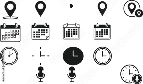 Black and white vector icons set, location pin, calendar date, analog clock, microphone symbol, user interface elements, time management, recording tools illustration