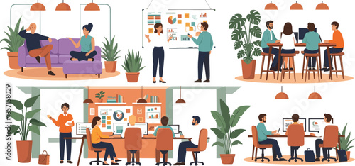 Modern office workplace collaboration vector set featuring professionals meeting presenting and working in diverse contemporary coworking environment scenes.