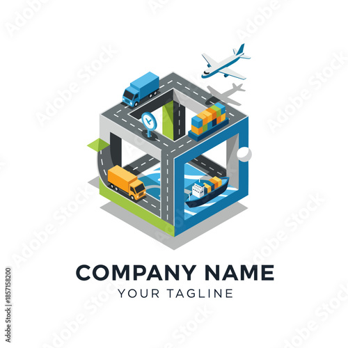 Isometric 3D Logistics Hub with Vehicles.