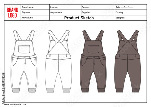 kids dungarees Technical drawing vector illustration template front and back