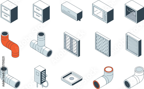 Isometric set of HVAC ventilation pipes air filter units air conditioner microwave and kitchen appliance icons isolated on white background,