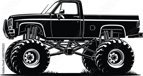 Monster truck silhouette vector illustration with massive oversized tires and high clearance suspension for extreme off-road automotive designs.