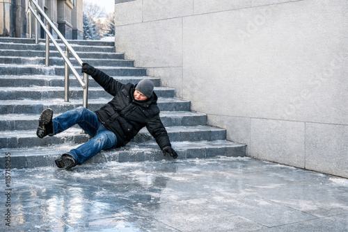 Horizontal winter accident photo of a man slipping on icy outdoor stairs, frozen surface and gray tones capturing sudden loss of balance, danger, vulnerability, suitable for winter safety awareness