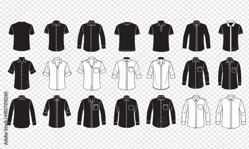 Collection of various mens dress shirts and polo shirts isolated