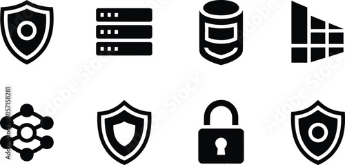 Cybersecurity and Data Protection Shields, Servers, Lock, Network