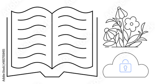 Education, information security, digital storage, creativity, nature, reading. Open book with flower design next to a locked cloud. Education and information security concept