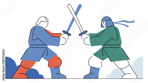 Flat vector illustration of two samurai warriors clashing swords in a duel.
