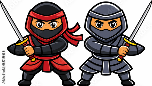 Cute Chibi Ninja Characters Holding Katana Swords in Cartoon Style