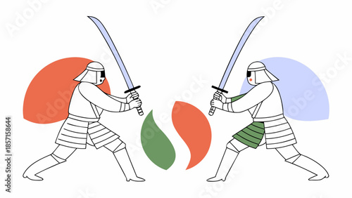 Two Samurai Fighters Facing Each Other with Katanas in Abstract Geometric Minimalist Style