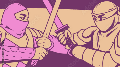 Two Ninja Shinobi Masked Assassins Engaging in Sword Duel Close Up Action Illustration