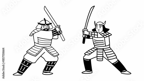 Two Samurai Warriors in Traditional Armor Holding Katana Swords Standing in Combat Stance Minimalist Line Art