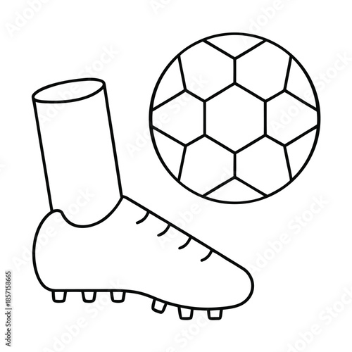 A black and white line drawing of a soccer ball and a soccer cleat.
