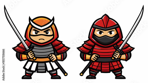 Cute Chibi Ninja Characters Holding Katana Swords in Cartoon Style