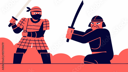 Minimalist Flat Design Illustration of Two Samurai Warriors in Training Duel