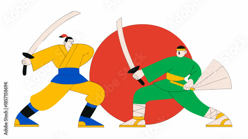 Samurai warriors fighting with katanas in front of a red rising sun background