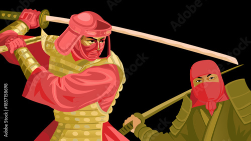 Brave Samurai Warrior in Golden Armor and Red Kimono Holding Katana Sword