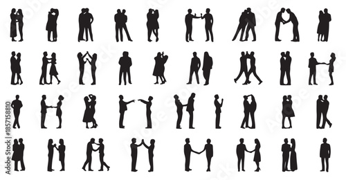 collection of couple silhouettes dancing and embracing in various poses on white background