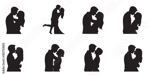 Set of eight couples kissing silhouettes, various romantic poses showing love and affection