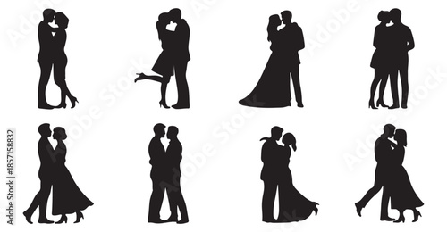 group of eight wedding couple silhouettes in embrace and kiss poses