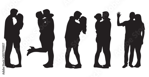 five couple silhouettes kissing embracing and waving against white background