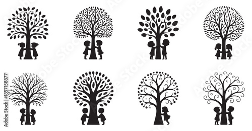 eight vector silhouettes of children hugging trees in different art styles
