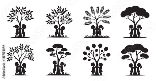 Children hugging tree trunk vector silhouettes set showing environmental protection concept