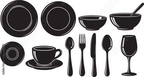Set of black tableware and cutlery