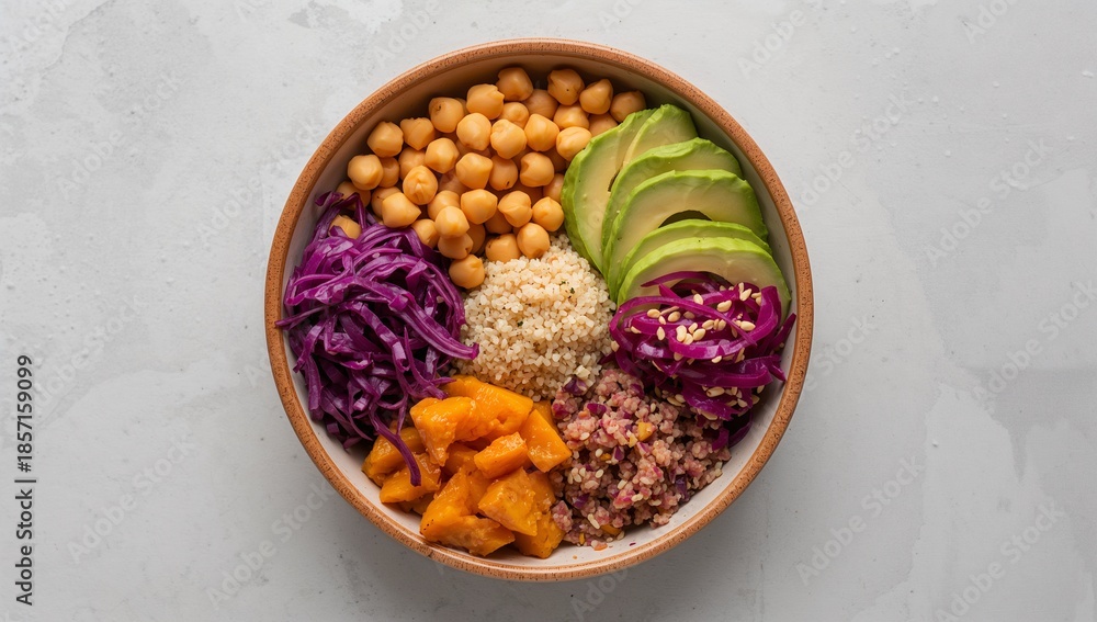 Fototapeta premium Colorful healthy vegan Buddha bowl presented on white background